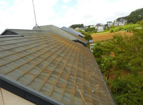 屋根北面に苔・藻汚れが見れます。